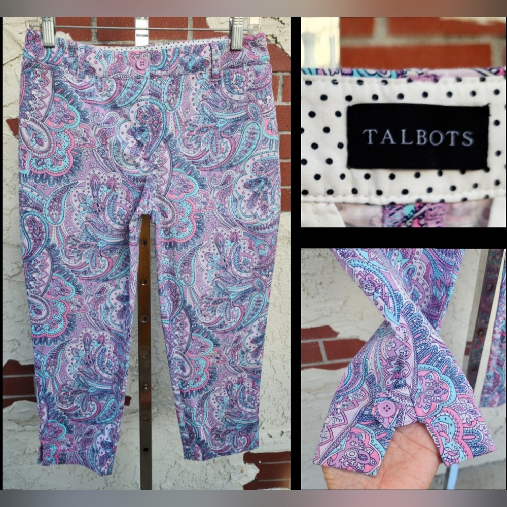 2P Women TALBOTS cotton purple paisley print Perfect Crop Pants PETITE